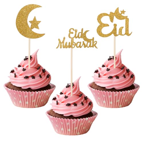 24pcs Eid Mubarak Decoration Gateau, Paillettes Dorées Décor