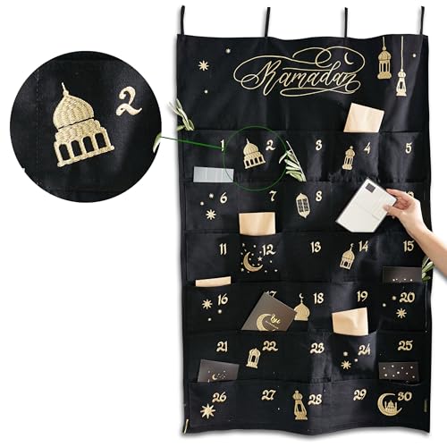 Papierdrachen Calendrier du Ramadan comme Calendrier Mural en Tissu à remplir - Noir - Broderie de Haute qualité - Sac en Tissu - Coton - réutilisable - Set 6